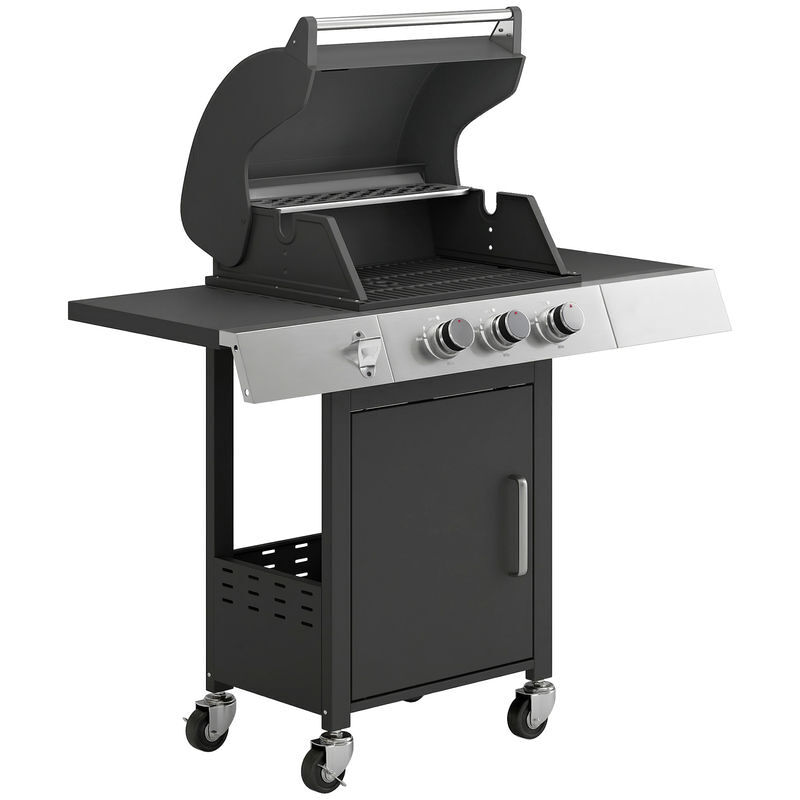 Outsunny barbecue a gás bbq com 3 queimadores 8,1 kw termómetro mesas laterais armário grelha superior recolhedor de gordura e 4 rodas preto