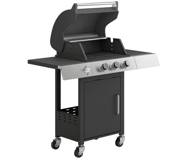 Outsunny barbecue a gás bbq com 3 queimadores 8,1 kw termómetro mesas laterais armário grelha superior recolhedor de gordura e 4 rodas preto