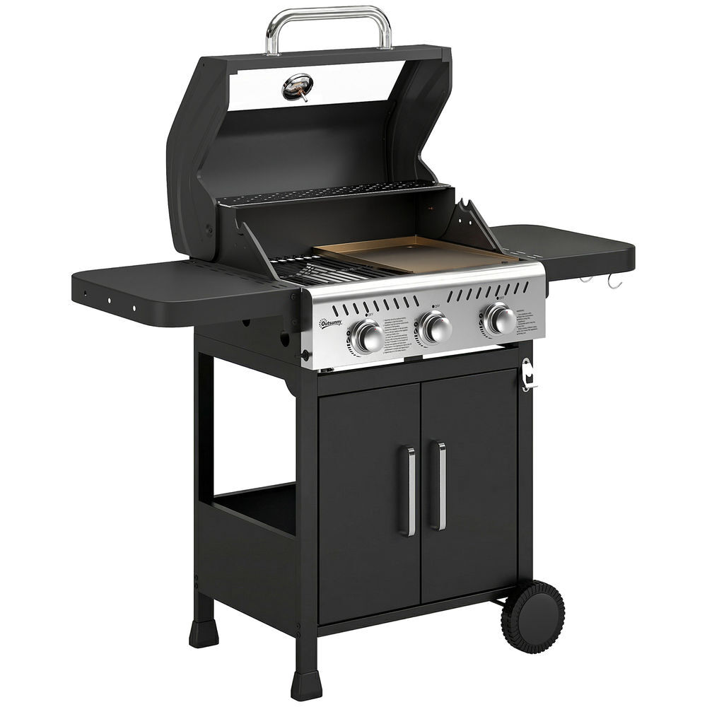 Outsunny barbecue a gás portátil com 3 queimadores 7,5 kw termómetro mesas laterais dobráveis armário grelha aquecedora chapa tampa com janela coletor e recipiente de gordura rodas 125x57x110 cm preto