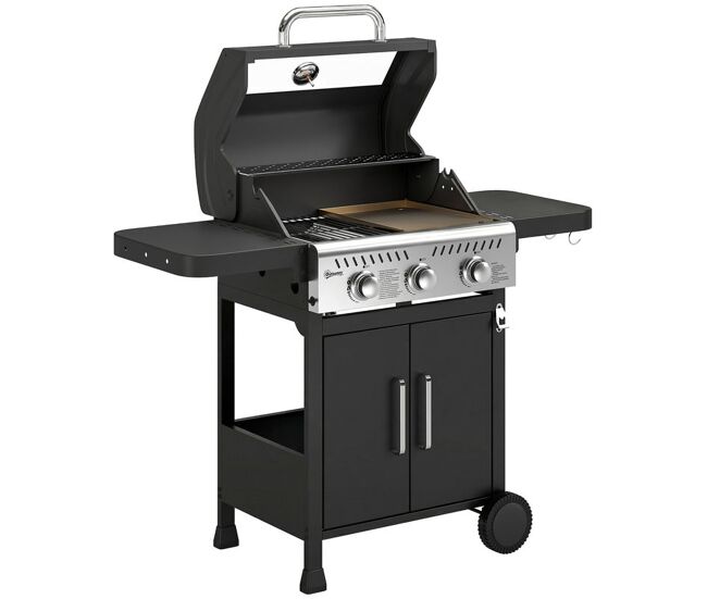 Outsunny barbecue a gás portátil com 3 queimadores 7,5 kw termómetro mesas laterais dobráveis armário grelha aquecedora chapa tampa com janela coletor