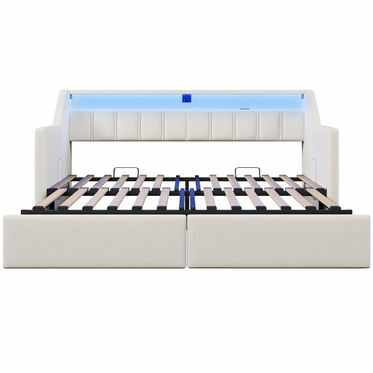 Sofá-cama, 90 x 200 cm - com usb e type-c, faixa led com controle remoto, 2 gavetas, bolsos de armazenamento, cama extensível multifuncional - bege