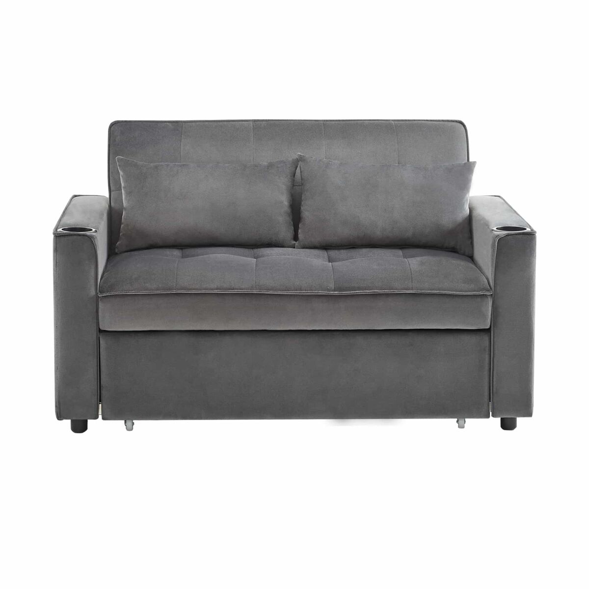 Sofá-cama rebatível multi-ângulo ajustável - 2 lugares - tecido de veludo - com suporte para copos e almofadas - cinzento