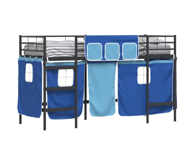 Estrutura de cama infantil loft para crianças com cortinas preto e azul
