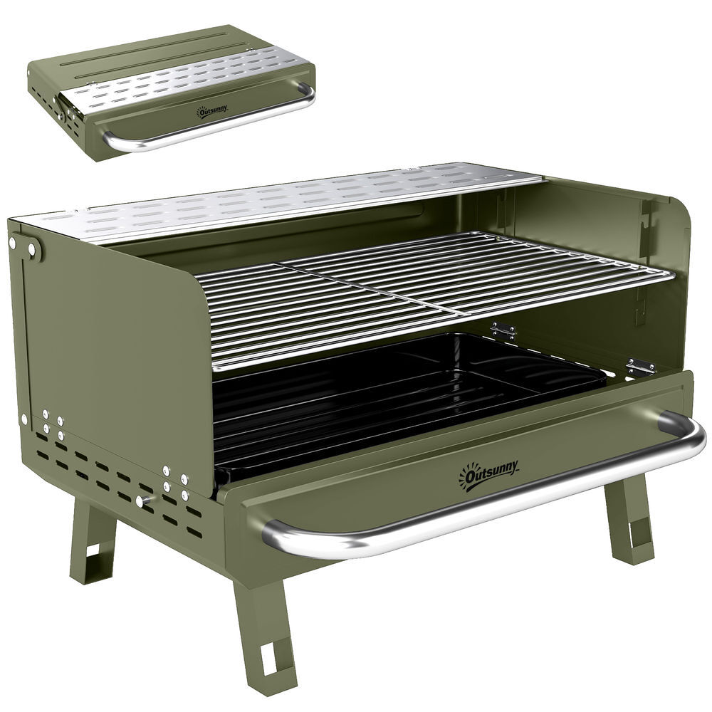 Outsunny churrasqueira a carvão dobrável, portátil, 52x37x31,8 cm, com grelha ajustável, prateleira lateral dobrável e bandeja de carvão removível, para camping, piqueniques, festas no jardim, verde