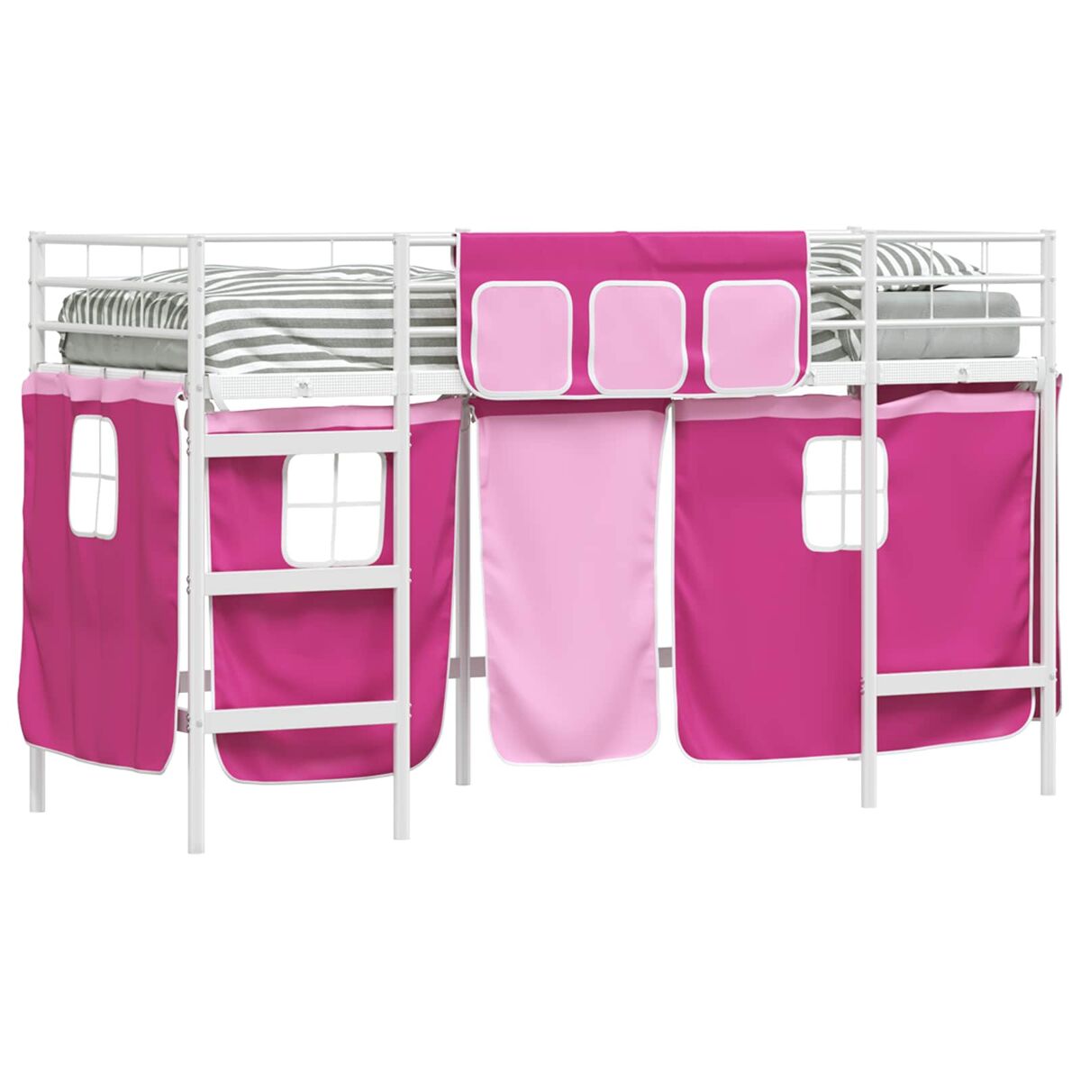 Estrutura de cama infantil loft para crianças com cortinas branco e rosa