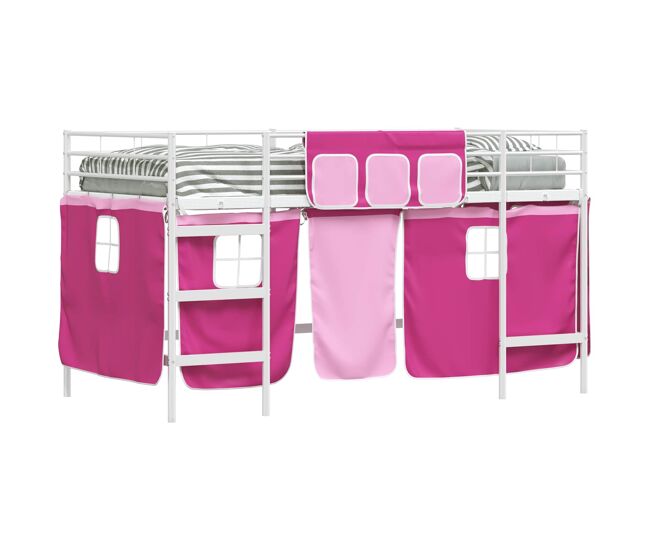 Estrutura de cama infantil loft para crianças com cortinas branco e rosa