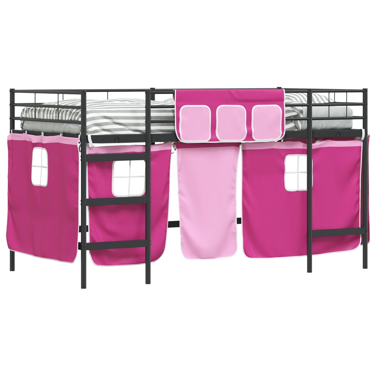 Estrutura de cama infantil loft para crianças com cortinas preto e rosa