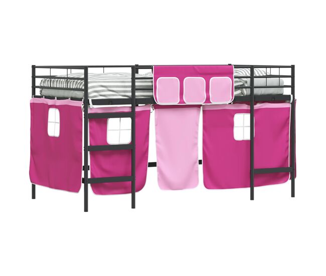 Estrutura de cama infantil loft para crianças com cortinas preto e rosa