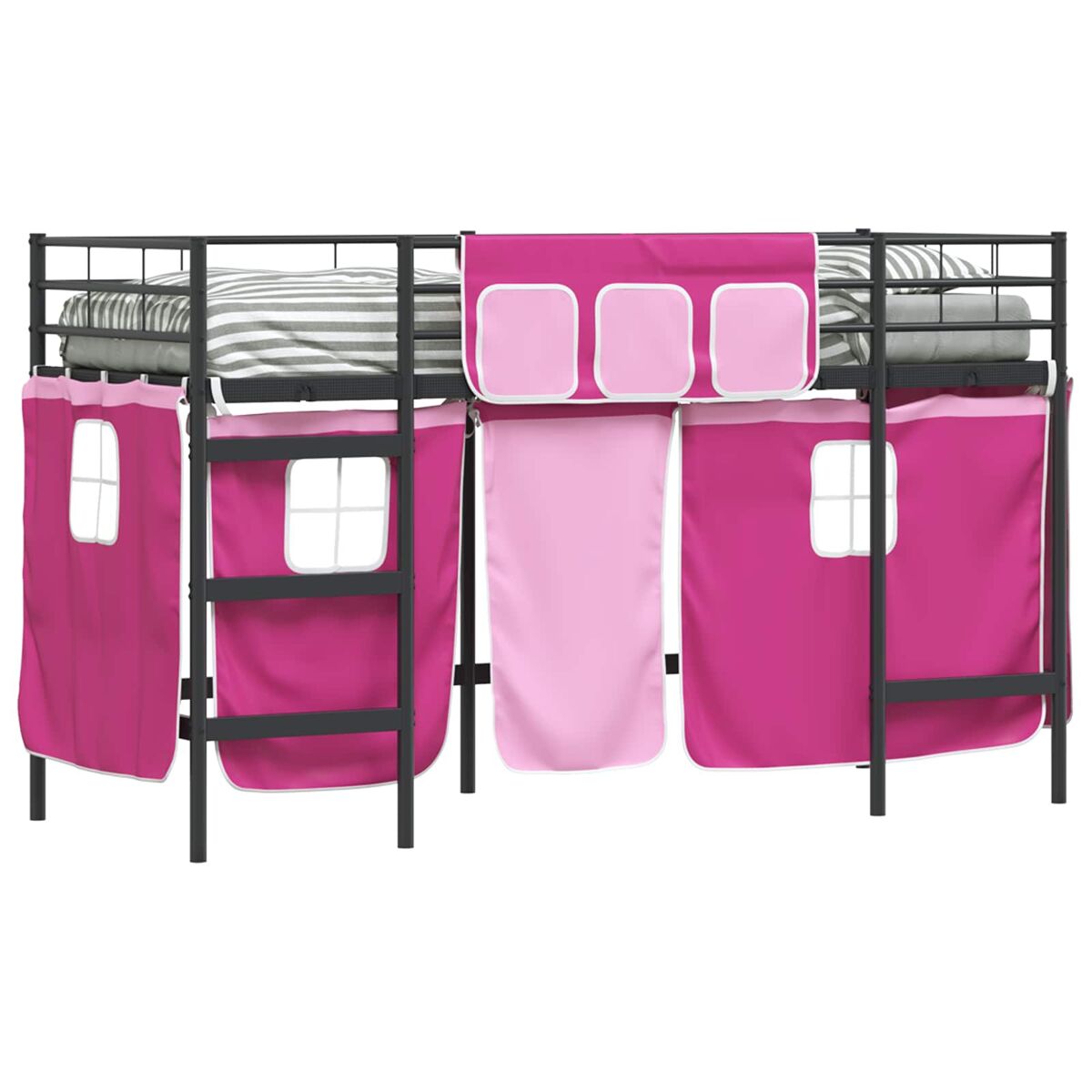 Estrutura de cama infantil loft para crianças com cortinas preto e rosa