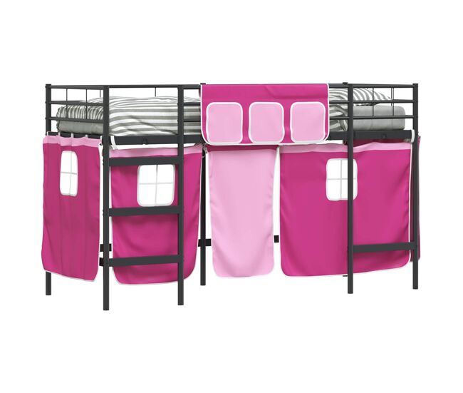 Estrutura de cama infantil loft para crianças com cortinas preto e rosa