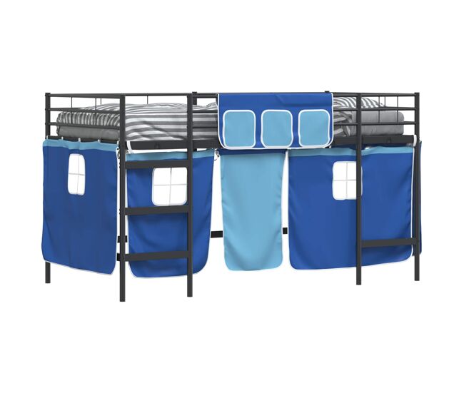 Estrutura de cama infantil loft para crianças com cortinas preto e azul