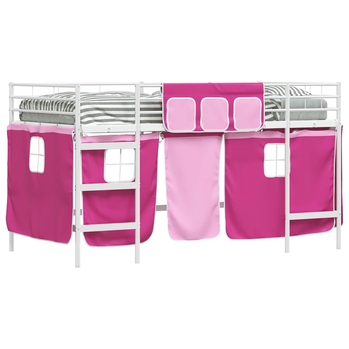 Estrutura de cama infantil loft para crianças com cortinas branco e rosa