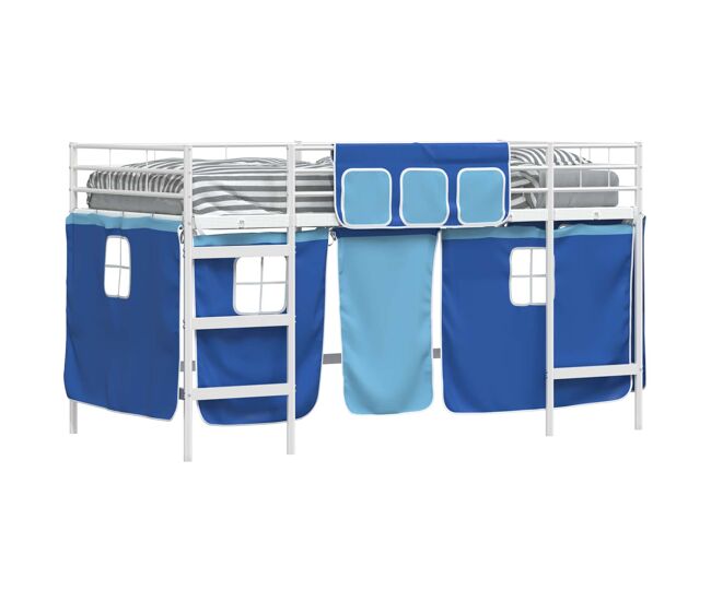 Estrutura de cama infantil loft para crianças com cortinas branco e azul