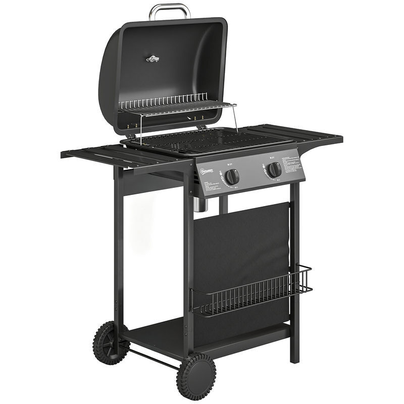 Outsunny barbecue a gás bbq com 2 queimadores de 5 kw termómetro mesas laterais prateleira grelha de aquecimento ignição piezoelétrica bandeja de