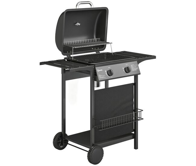Outsunny barbecue a gás bbq com 2 queimadores de 5 kw termómetro mesas laterais prateleira grelha de aquecimento ignição piezoelétrica bandeja de
