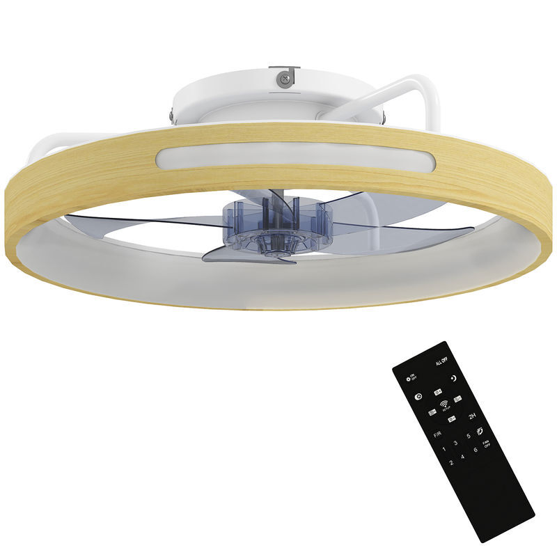 Homcom ventilador de teto com luz led 40 w motor dc reversível ventilador silencioso com comando 6 velocidades 3 cores temporizador para sala ø49 cm madeira
