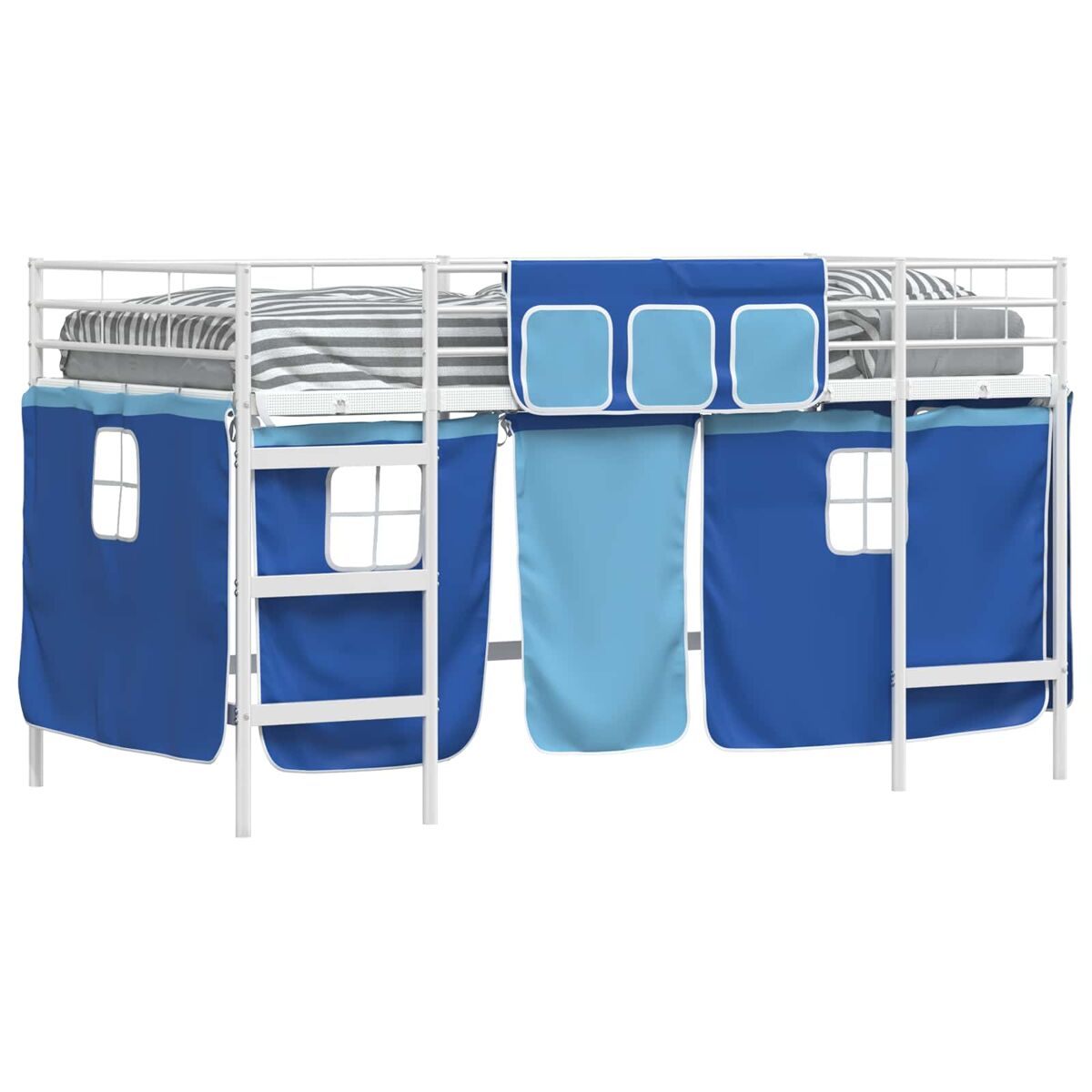 Estrutura de cama infantil loft para crianças com cortinas branco e azul
