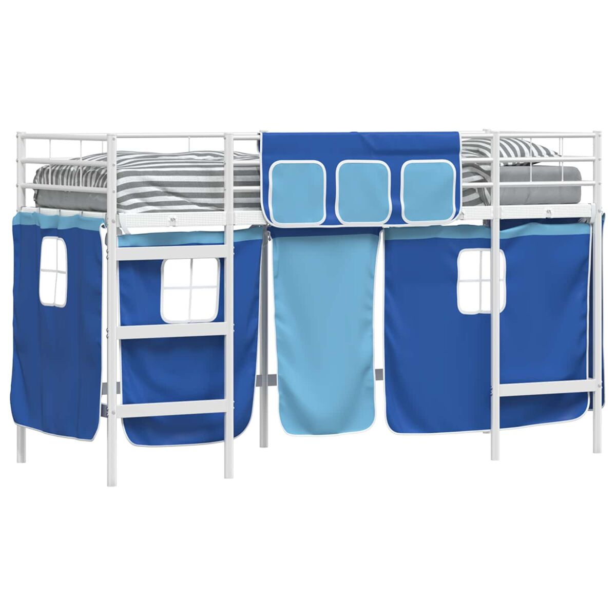 Estrutura de cama infantil loft para crianças com cortinas branco e azul