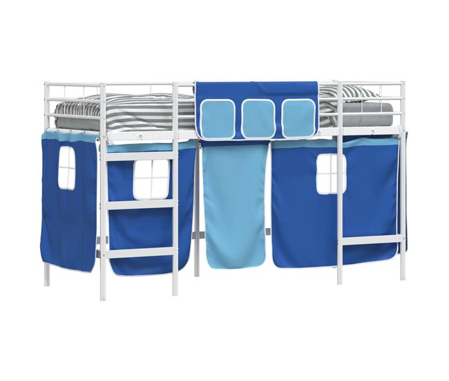 Estrutura de cama infantil loft para crianças com cortinas branco e azul