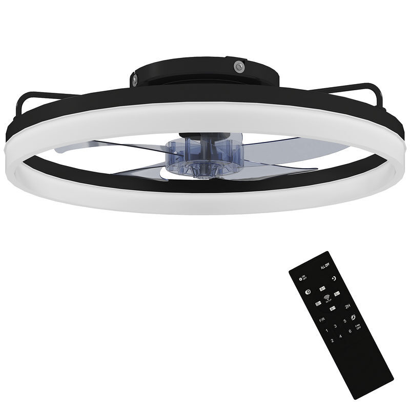 Homcom ventilador de teto com luz led 40 w motor dc reversível silencioso comando remoto 6 velocidades 3 cores temporizador para sala ø50 cm preto