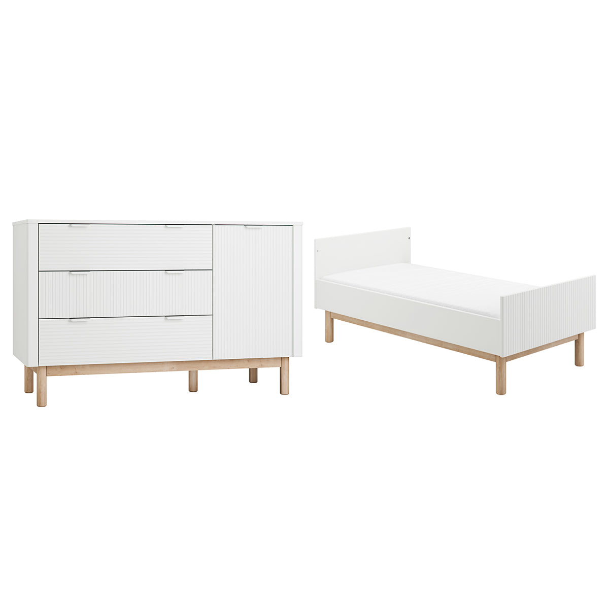 Berço evolutivo 70x140 e cómoda com 3 gavetas e 1 porta pinio miloo blanc