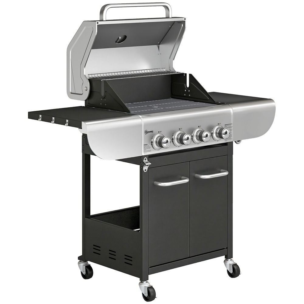 Outsunny baerbecue a gás com 4 queimadores 44000 btu grelhas de ferro fundido rodas grelha de aquecimento mesas laterais armário termómetro e ganchos 129x55x117 cm preto e prata