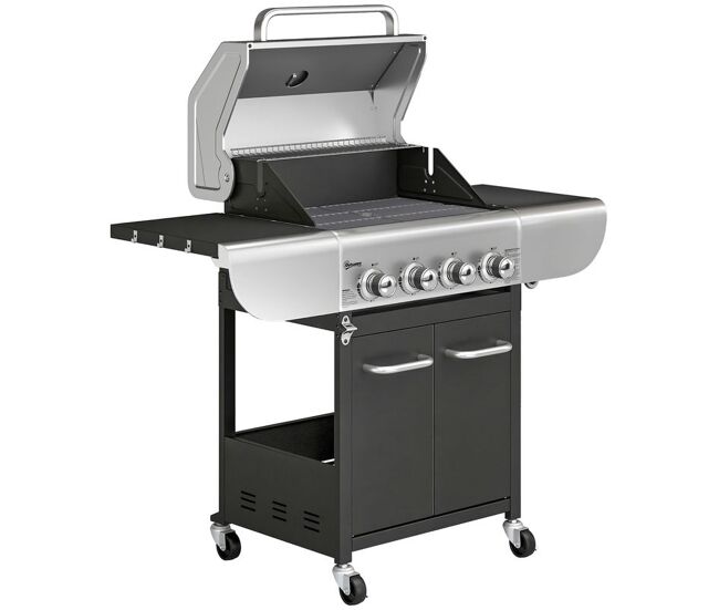 Outsunny baerbecue a gás com 4 queimadores 44000 btu grelhas de ferro fundido rodas grelha de aquecimento mesas laterais armário termómetro e