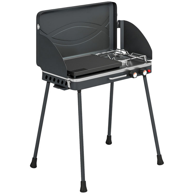 Outsunny grelhador a gás portátil 2 em 1, grelhador a gás propano 7 kw de mesa ou de pé com chapa grande, pés removíveis, protetores de vento, para