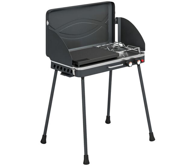 Outsunny grelhador a gás portátil 2 em 1, grelhador a gás propano 7 kw de mesa ou de pé com chapa grande, pés removíveis, protetores de vento, para