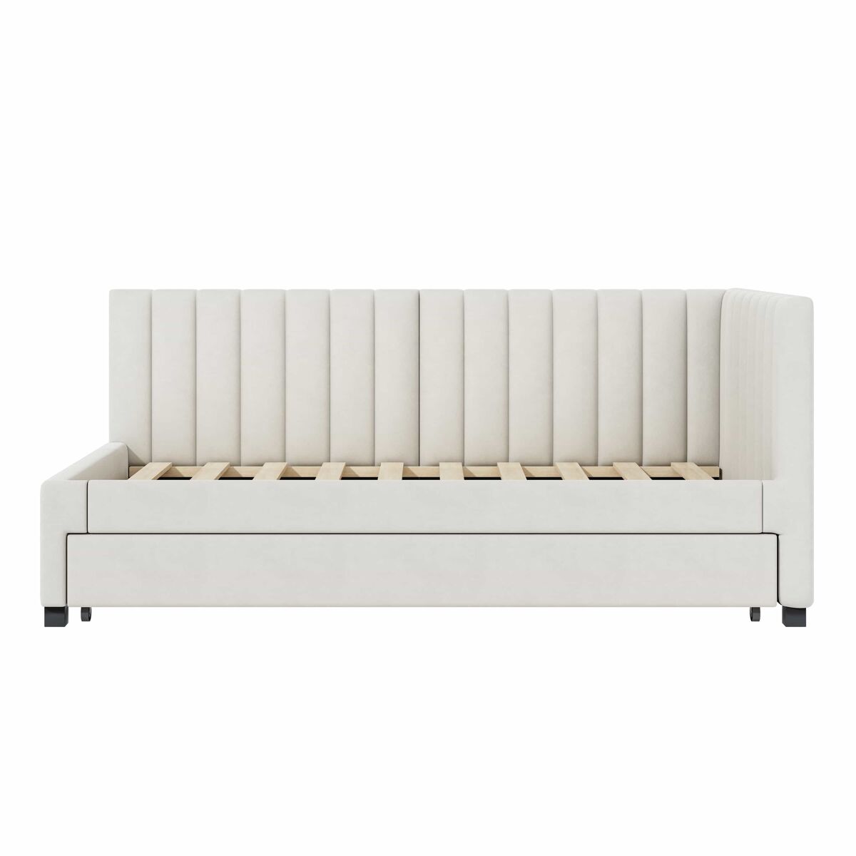 Cama individual 90x200 cm com cama com gavetão - estofada em veludo com estrado de ripas - bege