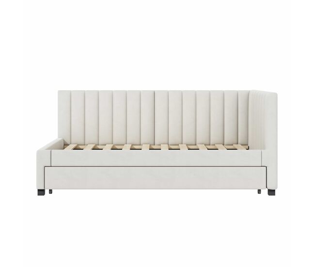Cama individual 90x200 cm com cama com gavetão - estofada em veludo com estrado de ripas - bege