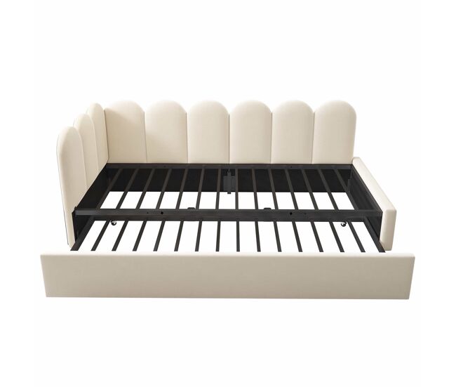 Cama divã 90x200 cm - sofá-cama com cama extraível 90x190 cm, cama infantil com estrado de ripas, veludo - bege