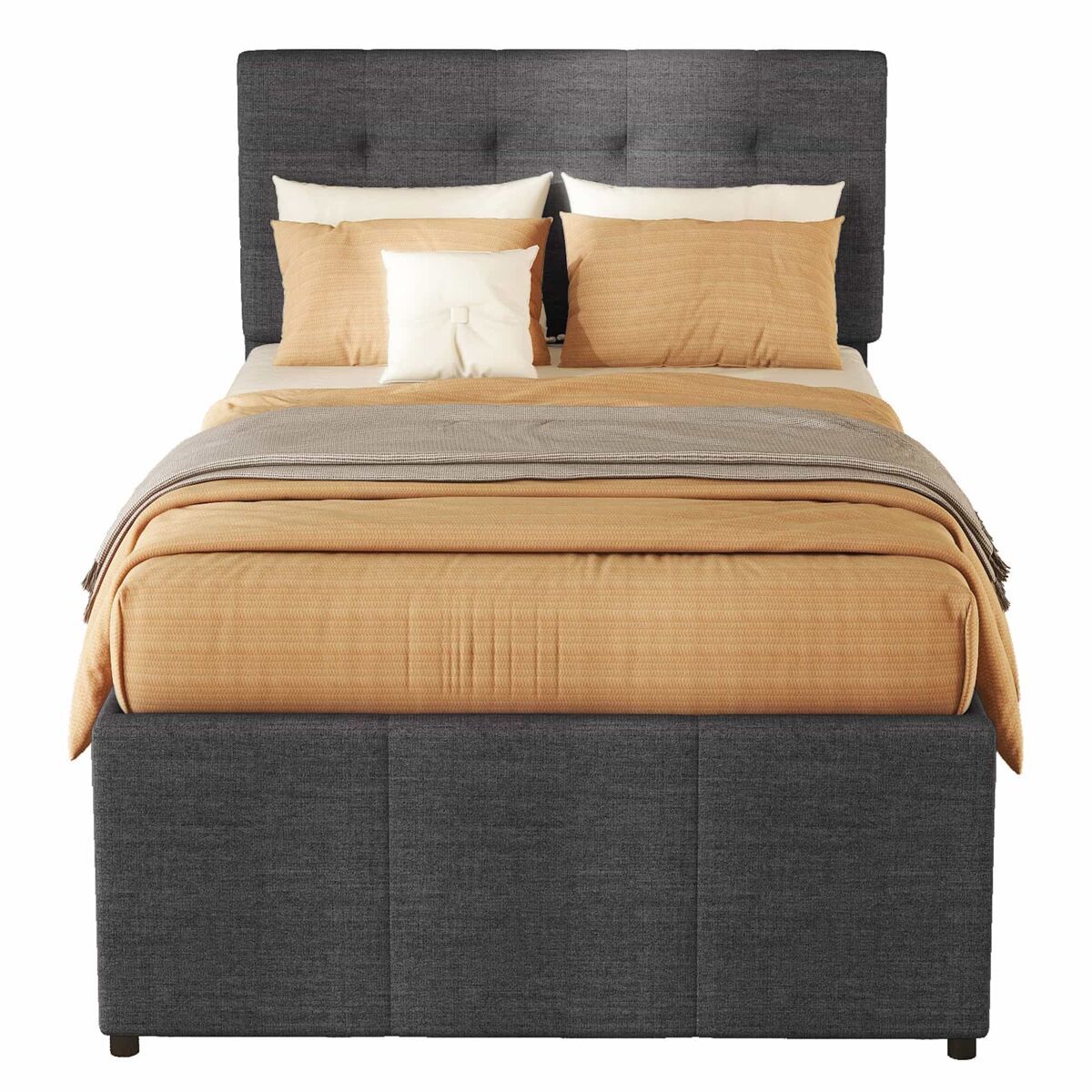 Cama estofada 90x200cm com cama de rodízio 90x190cm - em tecido de linho - com 3 gavetas e estrado de molas - cinzento