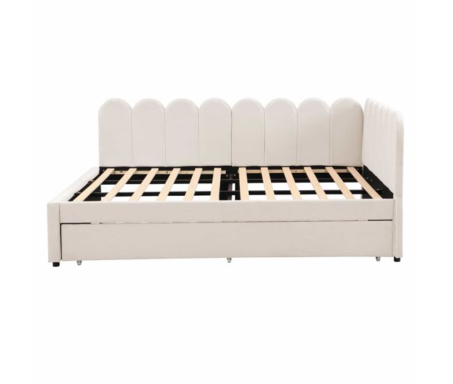Sofá-cama em forma de l 140x200 cm - encosto com flores e cama extensível - samt beige
