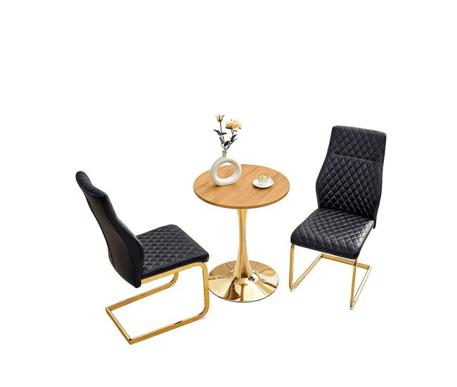 Conjunto de mesa e cadeiras de 60 cm - mesa em mdf nogueira com pés dourados + 2 cadeiras pretas com padrão em losangos e estrutura dourada - preto+