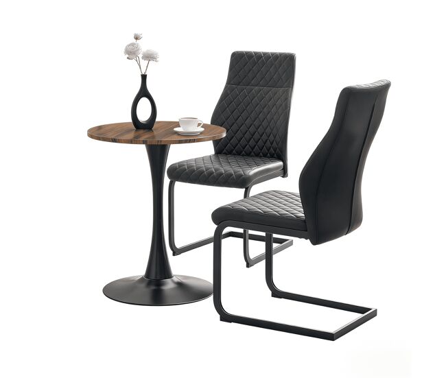 Conjunto de mesa e cadeiras de 60 cm - mesa em mdf com pés pretos + 2 cadeiras de jantar com encosto em losango e estrutura metálica - preto, nogueira