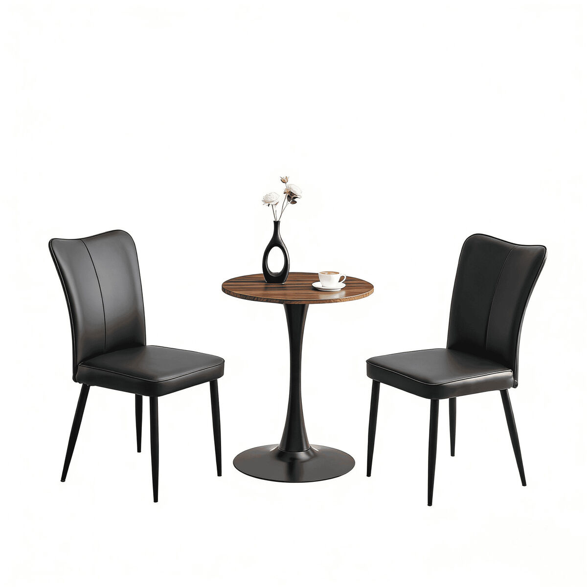 Conjunto de mesa e cadeiras de 60 cm - mesa redonda em mdf com pernas pretas e 2 cadeiras de jantar em pu preto - preto, nogueira