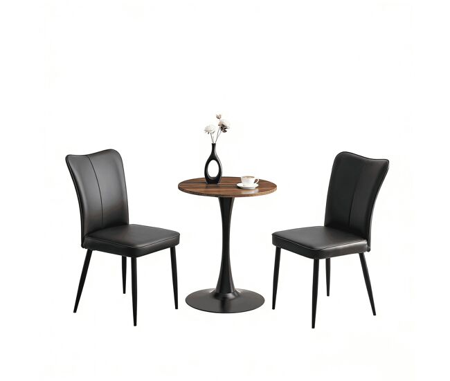 Conjunto de mesa e cadeiras de 60 cm - mesa redonda em mdf com pernas pretas e 2 cadeiras de jantar em pu preto - preto, nogueira