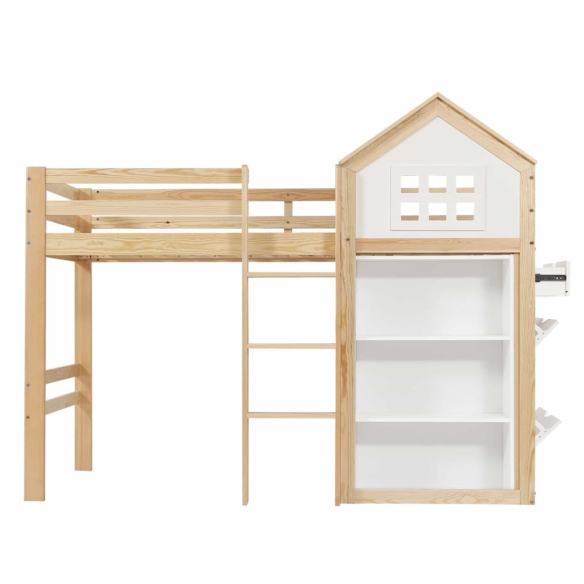 Cama alta infantil 90x200 - com compartimentos de arrumação e gavetas, degraus resistentes, grade de segurança - branco+natural