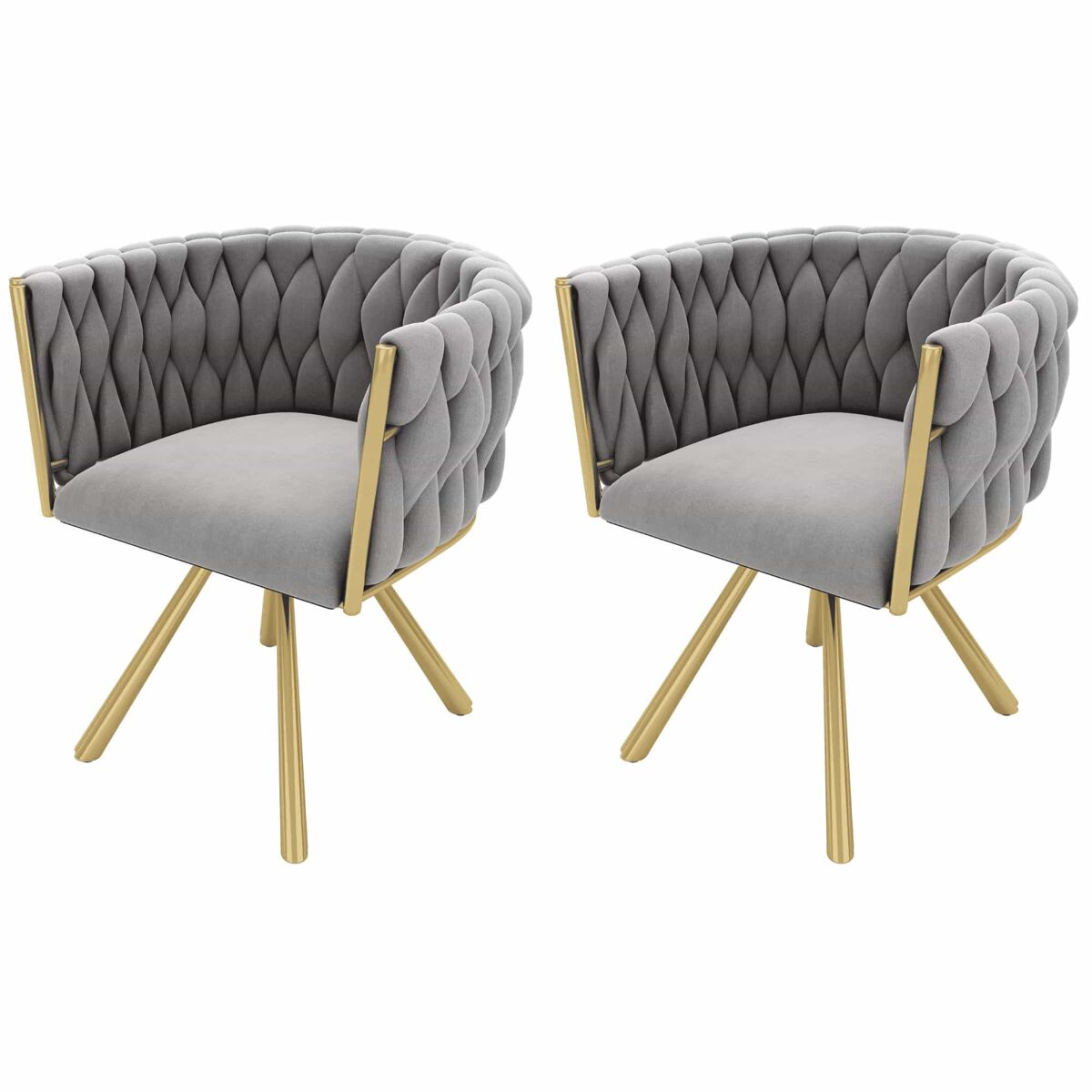 Conjunto de 2 cadeiras giratórias de veludo com braços - pernas de metal dourado - cinzento