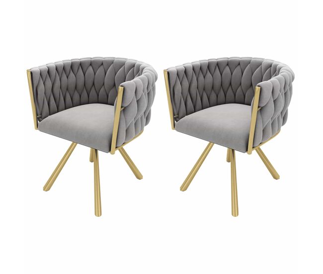 Conjunto de 2 cadeiras giratórias de veludo com braços - pernas de metal dourado - cinzento