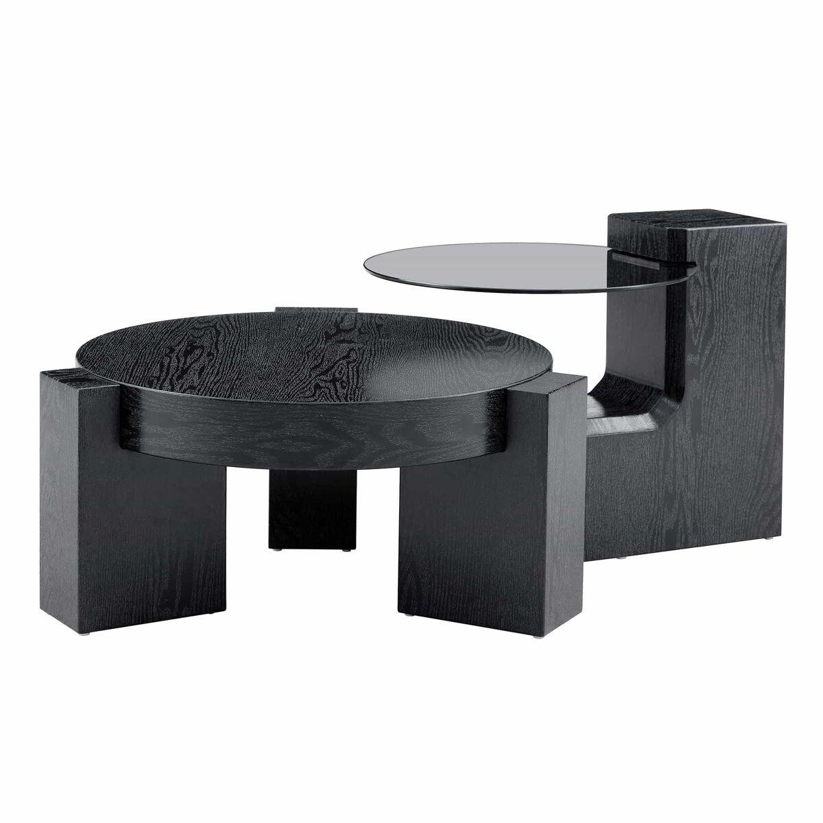 Conjunto de mesas de centro separáveis - tampo em vidro cinzento transparente, estrutura em mdf com efeito de madeira preta, design modular flexível -