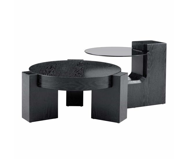 Conjunto de mesas de centro separáveis - tampo em vidro cinzento transparente, estrutura em mdf com efeito de madeira preta, design modular flexível -
