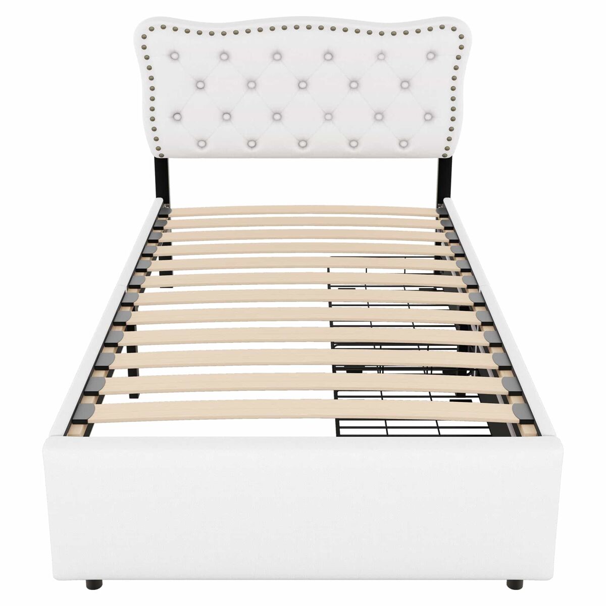 Cama estofada em tecido de linho com 2 gavetas - 90x200 cm - cabeceira decorada com rebites - bege