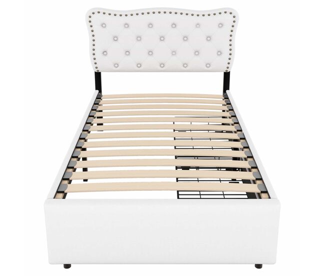 Cama estofada em tecido de linho com 2 gavetas - 90x200 cm - cabeceira decorada com rebites - bege