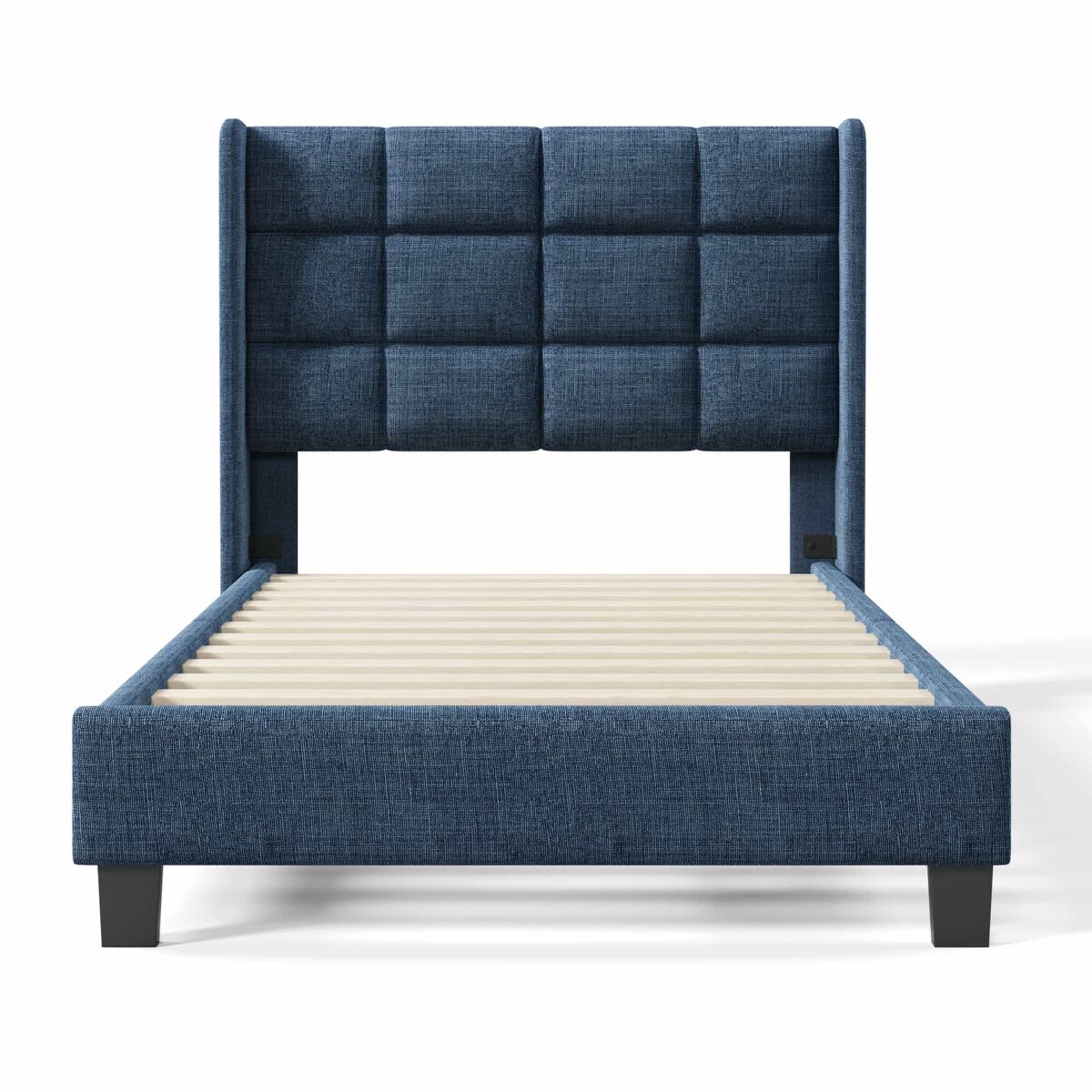 Cama estofada em tecido de linho - 90x200 cm - com cabeceira e estrado de molas - azul