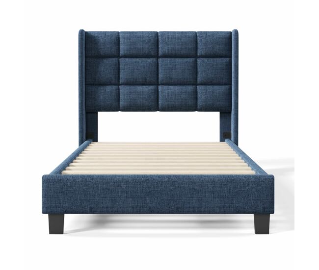 Cama estofada em tecido de linho - 90x200 cm - com cabeceira e estrado de molas - azul