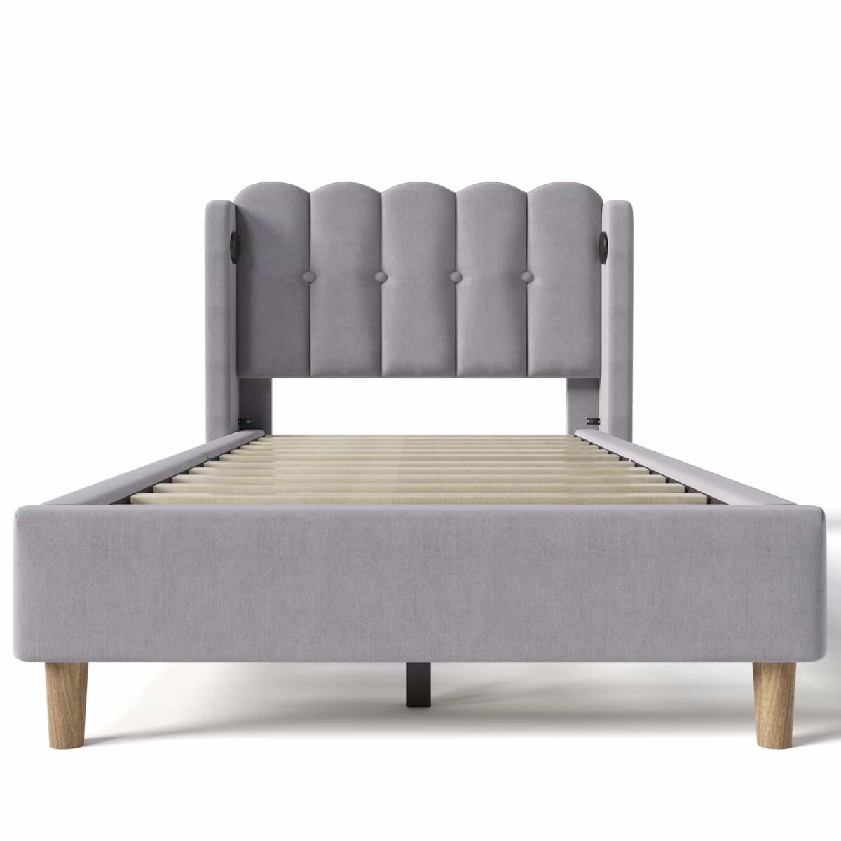 Mobrio Cama Individual 90X200 Cm - Com Função De Carregamento Usb Tipo C, Cama Estofada Com Estrado, Material Linho - Cinza
