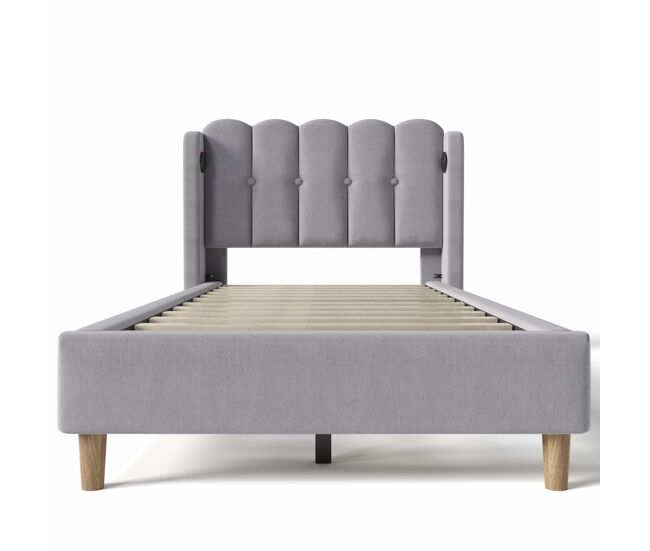 Cama individual 90x200 cm - com função de carregamento usb tipo c, cama estofada com estrado, material linho - gris