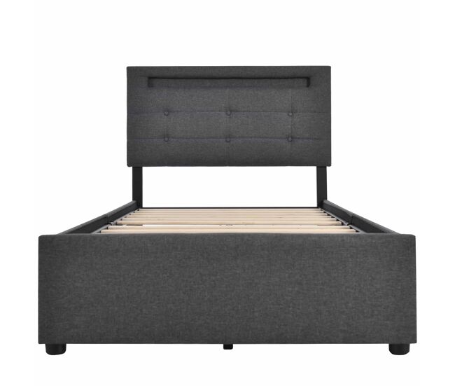 Cama contentora para roupa de cama com led 90x200 cm + 2 gavetas + estrado - cinzento